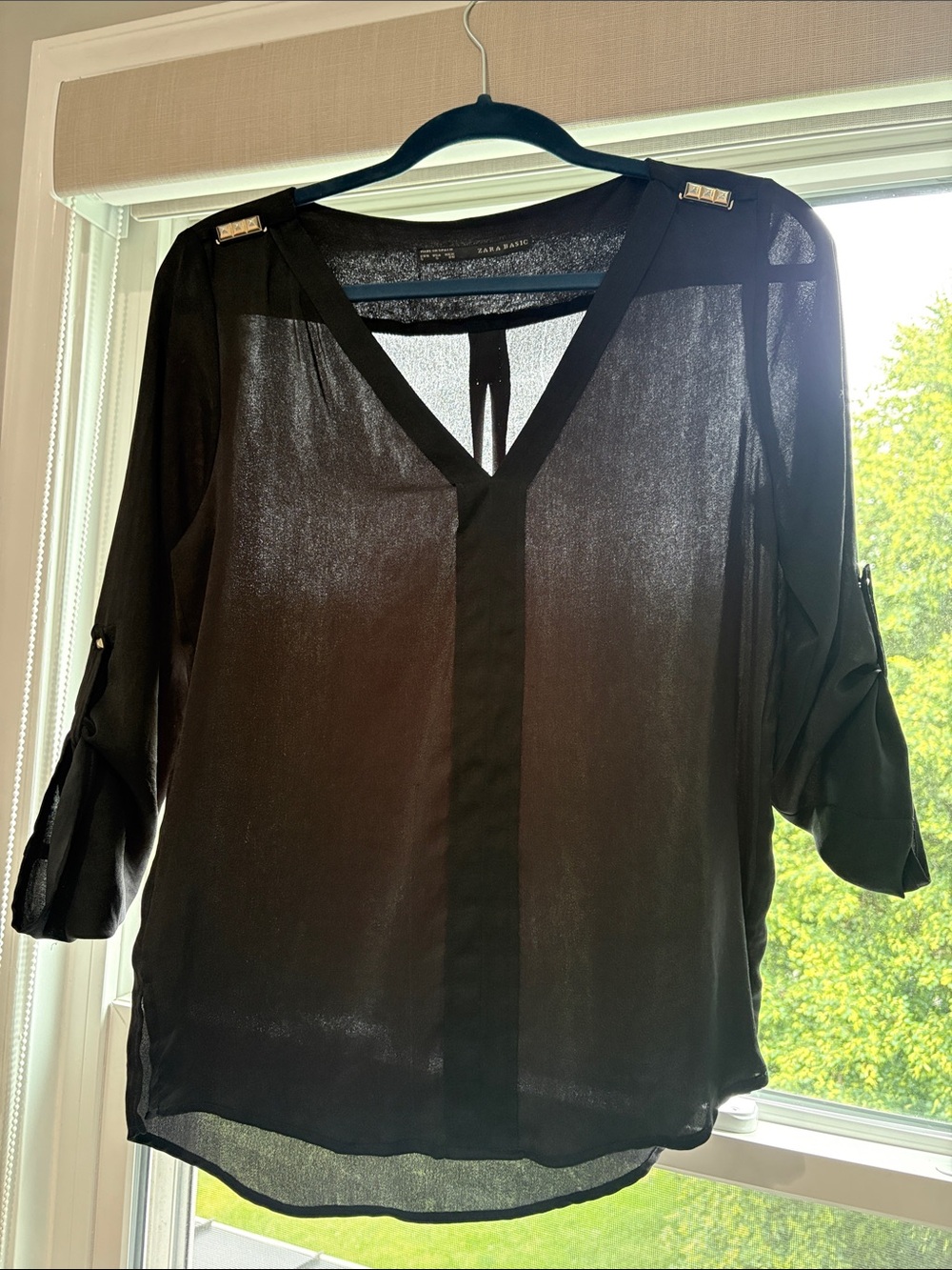 Zara Black V-Neck Blouse with Shoulder Studs